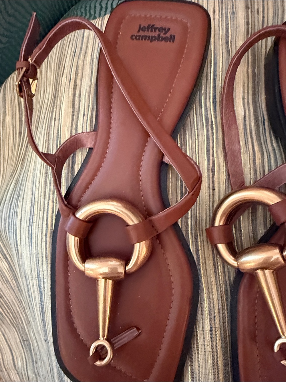 Jeffrey Campbell Brown Leather T-Strap Sandals with Gold Horsebit Accent - Picture 8 of 10